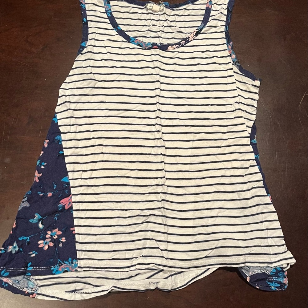 Asymmetrical White and Blue Tank Top with Stripes